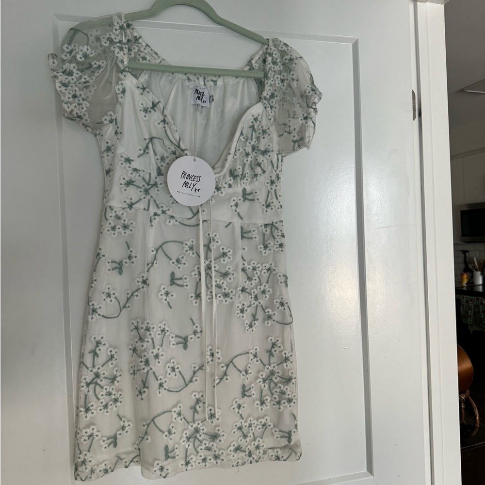 Princess Polly White and Green Ruched Embellished Mini Dress